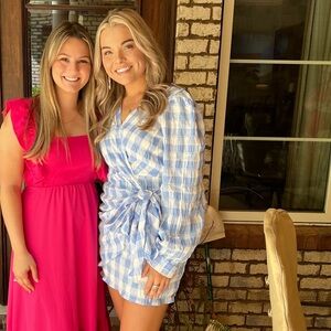 Blue Gingham Plaid Long Sleeve Wrap Mini Dress with Tie